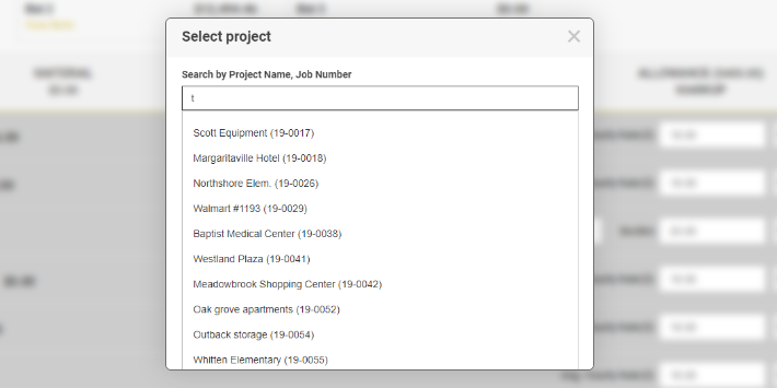 creating purchase order by searching project