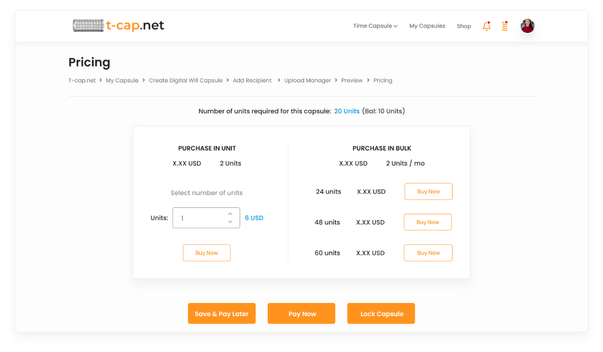 pricing screen