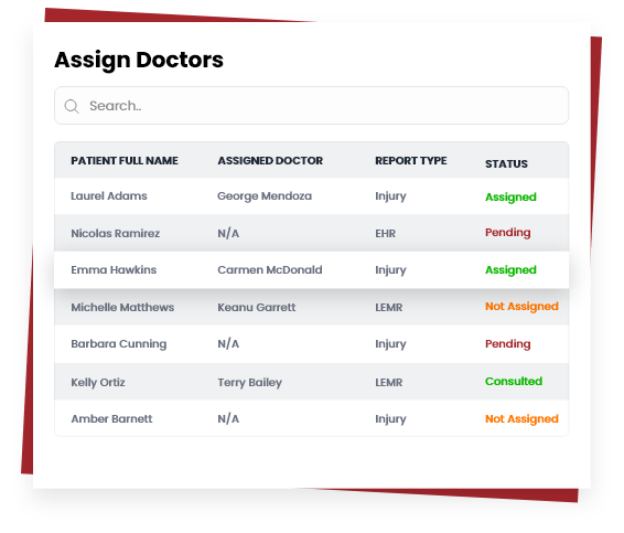 Assign Doctors to Injury/EHR/LEMR