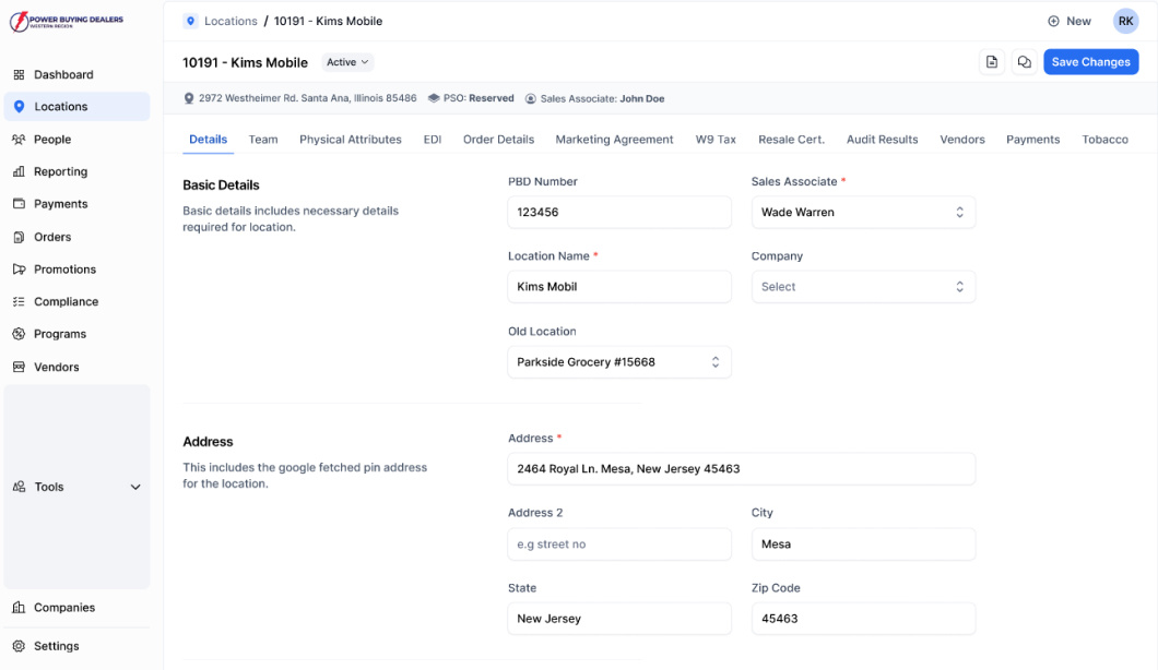 PBD West Store Location Management With 12-Tab Detail Pages